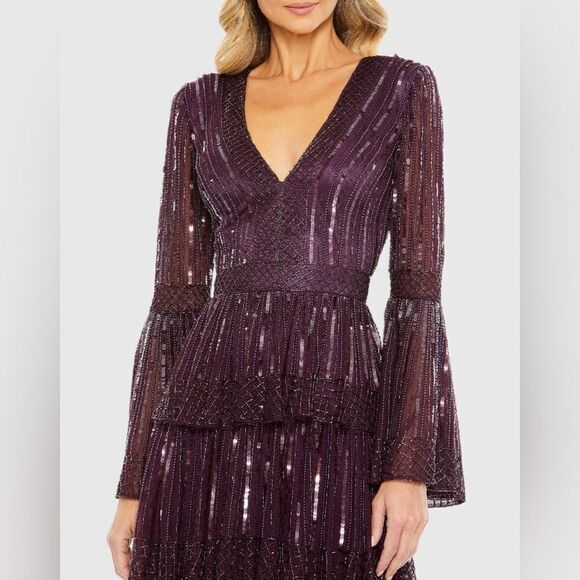 Mac Duggal Embellished Bell Sleeve Tiered Gown Size 12 NWT 5442 BlackBerry - Picture 6 of 11